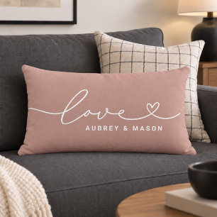 Romantic Dusty Rose Love Heart Couple Names Lumbar Cushion