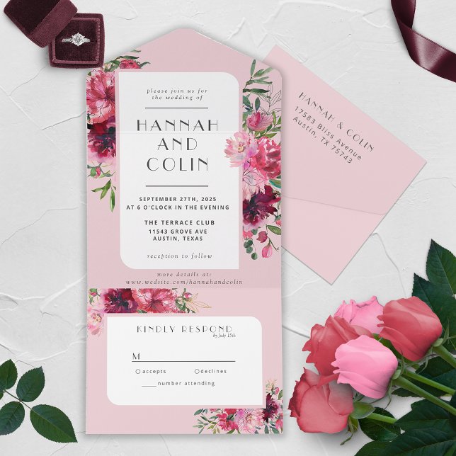 Romantic Dusty Rose Peony Modern Frame All In One  All In One Invitation (Creator Uploaded)