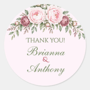 Romantic dusty rose pink peony botanical wedding classic round sticker