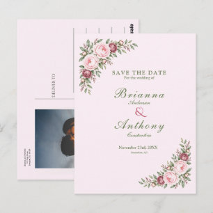 Romantic dusty rose pink peony botanical wedding postcard