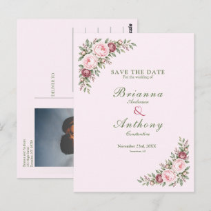 Romantic dusty rose pink peony botanical wedding postcard