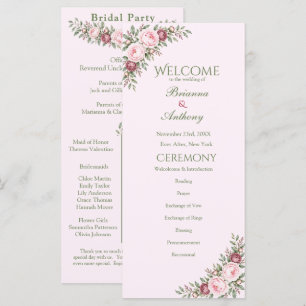 Romantic dusty rose pink peony botanical wedding programme