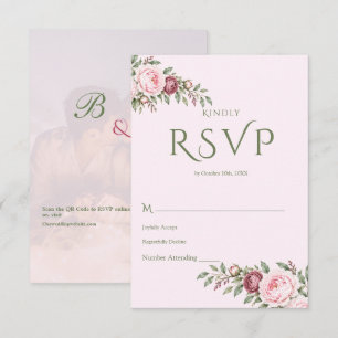 Romantic dusty rose pink peony botanical wedding RSVP card
