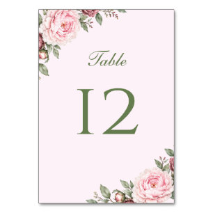 Romantic Dusty Rose Pink Peony Botanical Wedding Table Number