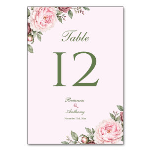 Romantic Dusty Rose Pink Peony Botanical Wedding Table Number