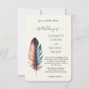 Romantic Dusty Rose Teal Feather Wedding Invitation