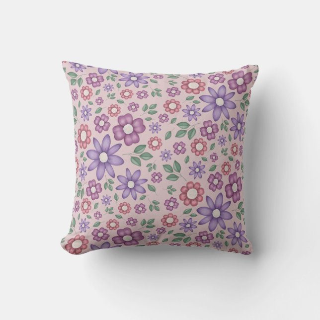 romantic dusty rose whimsical floral pattern cushion (Front)