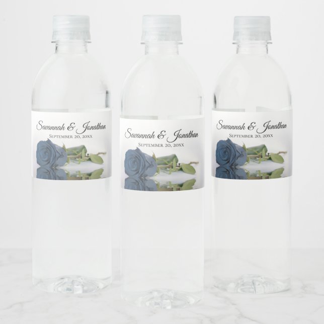 Romantic Dusty Steel Blue Rose Elegant Wedding Water Bottle Label (Bottles)