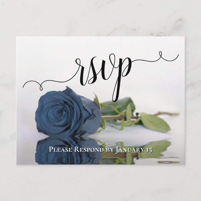 Romantic Dusty Steel Blue Rose Wedding RSVP Postcard (Front)