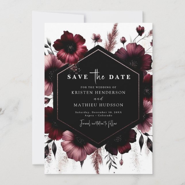 Romantic Editable Burgundy Wedding Save The Date (Front)
