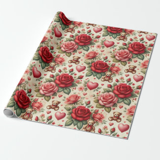 Romantic Elegance: Roses and Hearts Wrapping Paper
