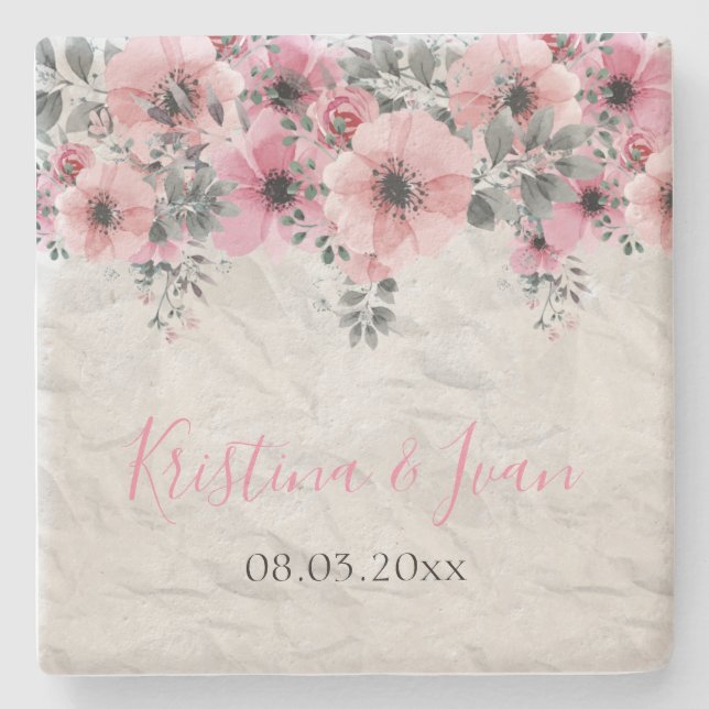 Romantic Elegant Antique Floral Wedding Stone Coaster (Front)