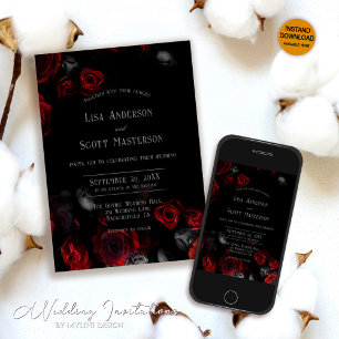 Romantic Elegant Black Red Floral Wedding Invitation