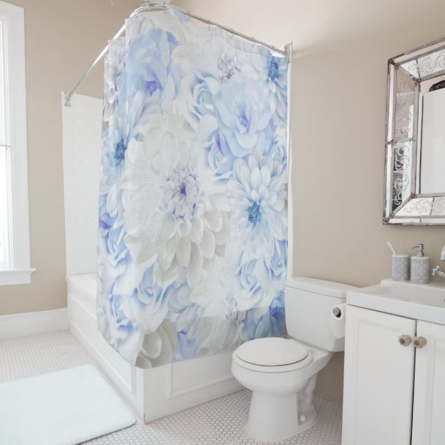 Romantic Elegant Blue Floral Painted Shower Curtain (In Situ)