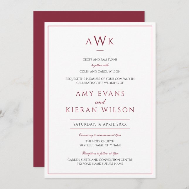 Romantic Elegant Burgundy Classic Monogram Wedding Invitation (Front/Back)