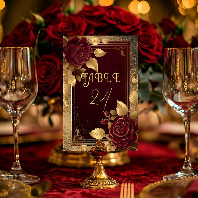 Romantic Elegant Burgundy Red Rose & Gold Wedding Table Number (Elegant Rustic Spanish Red Rose Wedding Table Number
Flamenco Collection)