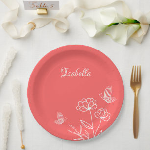 Romantic elegant coral pink floral  paper plate