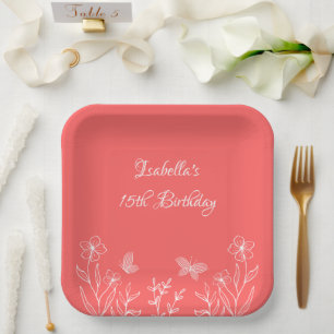 Romantic elegant coral pink floral paper plate