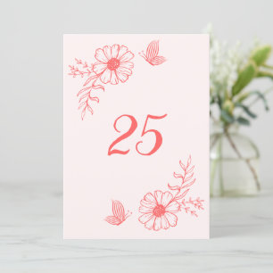 Romantic elegant coral pink floral table number