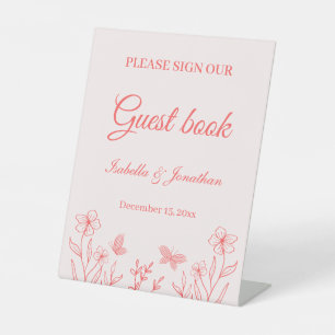 Romantic elegant coral pink floral wedding pedestal sign