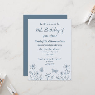 Romantic elegant dusty blue floral birthday invitation