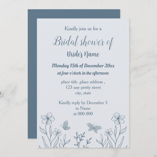 Romantic elegant dusty blue floral bridal shower invitation (Front/Back)