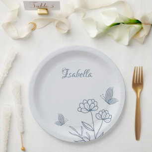 Romantic elegant dusty blue floral paper plate