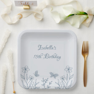 Romantic elegant dusty blue floral paper plate