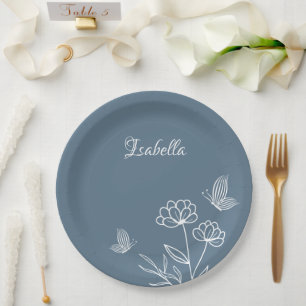 Romantic elegant dusty blue floral  paper plate