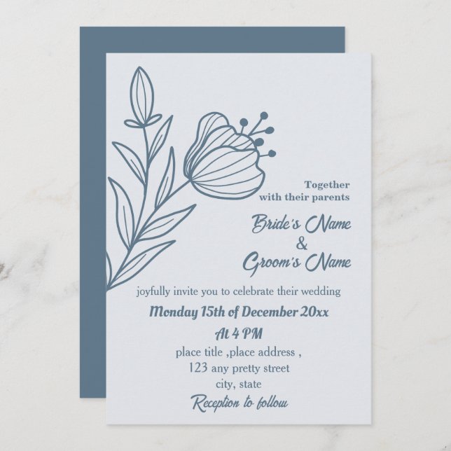 Romantic elegant dusty blue floral wedding invitation (Front/Back)