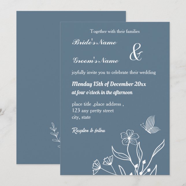 Romantic elegant dusty blue floral wedding invitation (Front/Back)