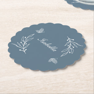 Romantic elegant dusty blue floral wedding paper coaster