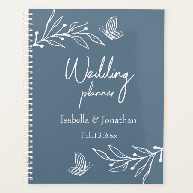 Romantic elegant dusty blue floral wedding  planner (Front)