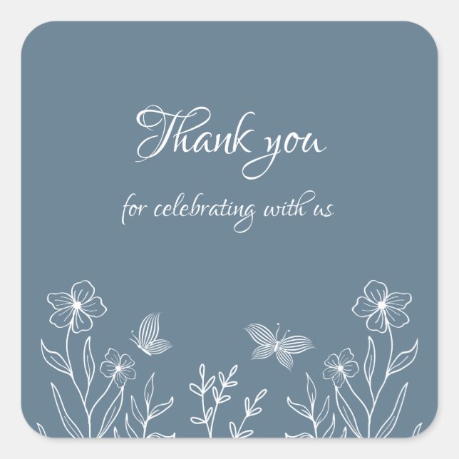 Romantic elegant dusty blue floral wedding square sticker (Front)