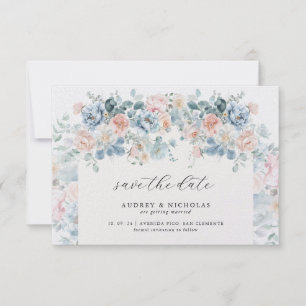 Romantic Elegant Dusty Blue Peach Florals Wedding Save The Date