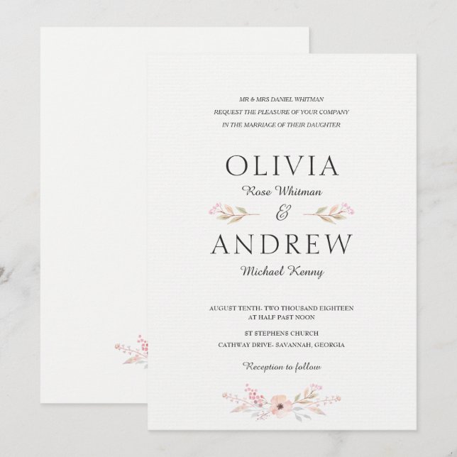 Romantic & Elegant Floral Wedding Invitation (Front/Back)
