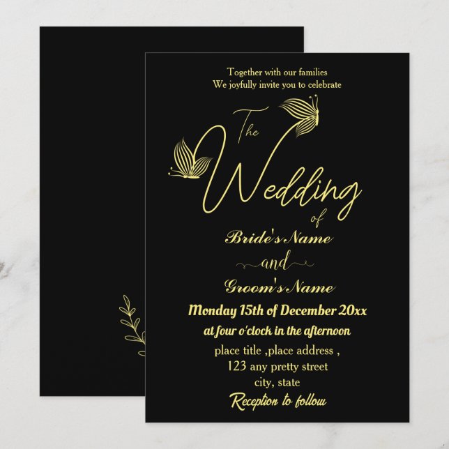 Romantic elegant gold butterflies black invitation (Front/Back)