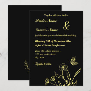 Romantic elegant gold butterflies black invitation