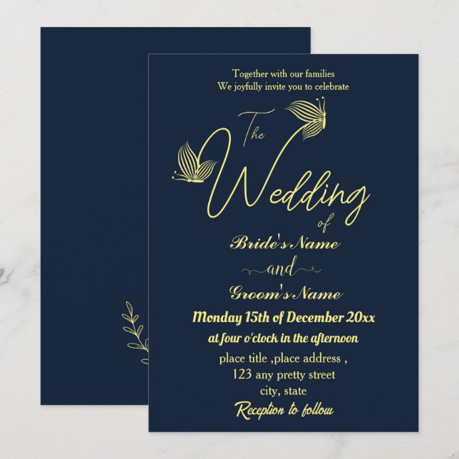 Romantic elegant gold butterflies navy invitation (Front/Back)