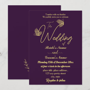 Romantic elegant gold butterflies purple invitation
