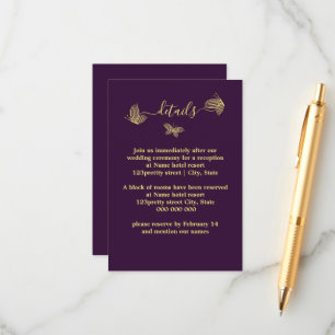 Romantic elegant gold butterflies purple wedding enclosure card