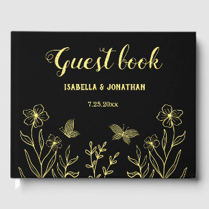 Romantic elegant gold floral black wedding guest book