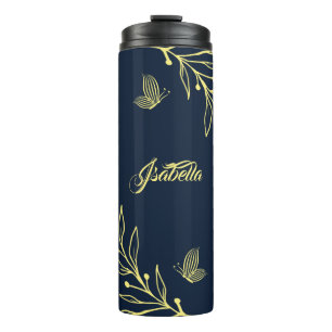 Romantic elegant gold floral navy  thermal tumbler
