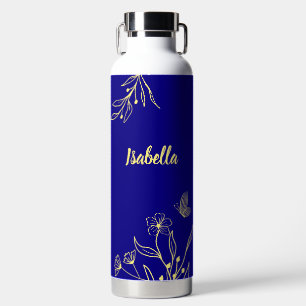 Romantic elegant gold floral royal blue water bottle