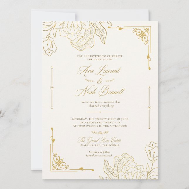 Romantic Elegant Gold Floral Wedding Invitation  (Front)