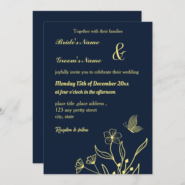 Romantic elegant gold flower & a butterfly navy invitation (Front/Back)