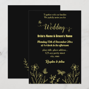 Romantic elegant gold flower black invitation