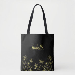 Romantic elegant gold flower black  tote bag