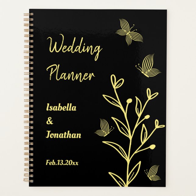 Romantic elegant gold flower black wedding planner (Front)