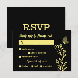 Romantic elegant gold flower black wedding RSVP card